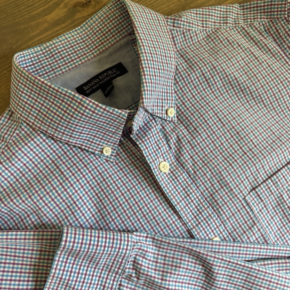 Banana Republic Mens Large Tailored Slim Fit Plaid Long Sleeve Button Down Shirt